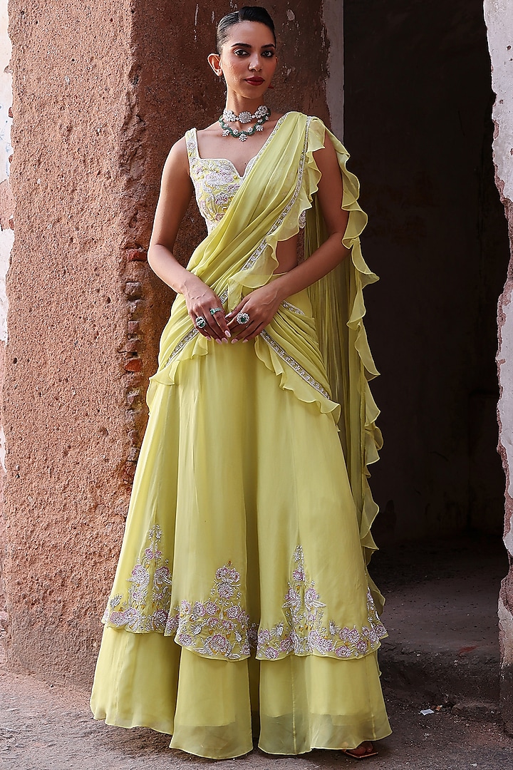 Neon Green Organza Sequins Hand Embellished Pre-Stitched Lehenga Saree Set by Seema Thukral