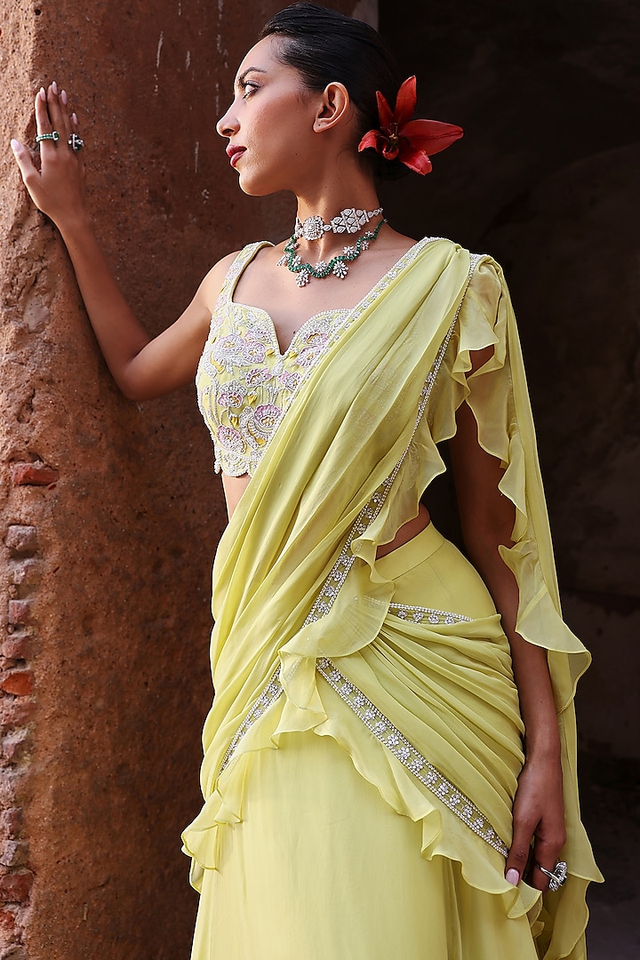 Neon Green Organza Sequins Hand Embellished Pre-Stitched Wedding Lehenga Saree Set by Seema Thukral at Pernia's Pop Up Shop