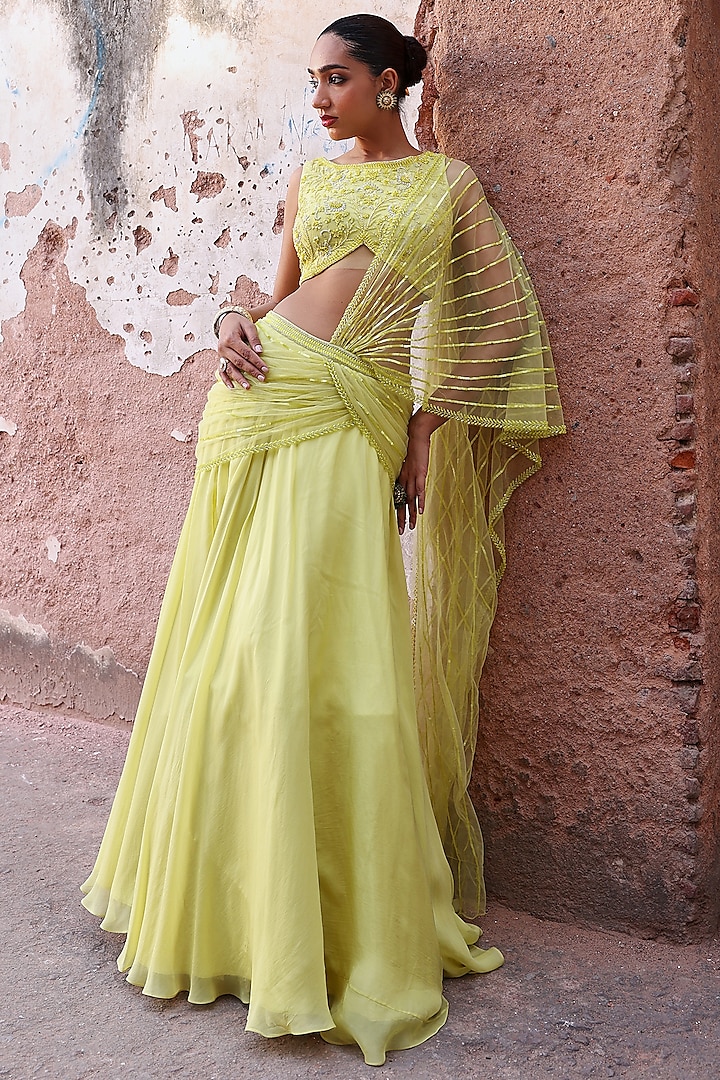 Neon Green Organza Draped Circular Skirt Set by Seema Thukral at Pernia's Pop Up Shop