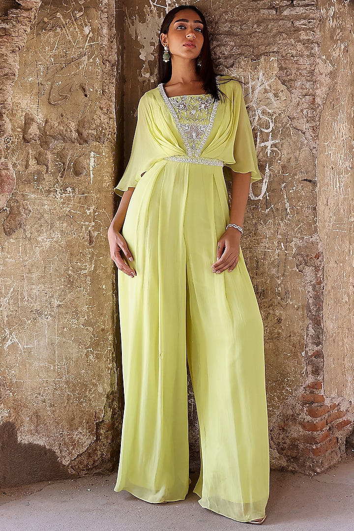 Neon Green Georgette Sequins Hand Embellished Pleated Draped Jumpsuit by Seema Thukral