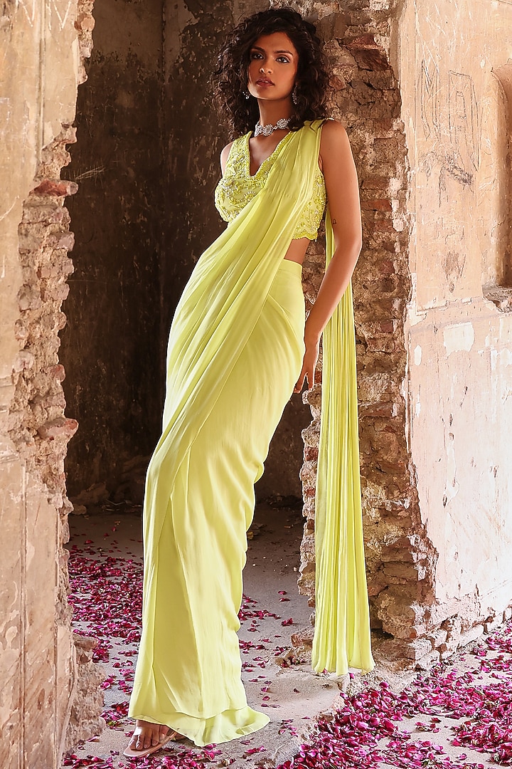 Neon Green Georgette Sequins Embellished Pre-Stitched Jacket Wedding Saree Set by Seema Thukral at Pernia's Pop Up Shop
