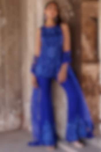 Electric Blue Georgette Sequins Embellished Kurta Set by Seema Thukral