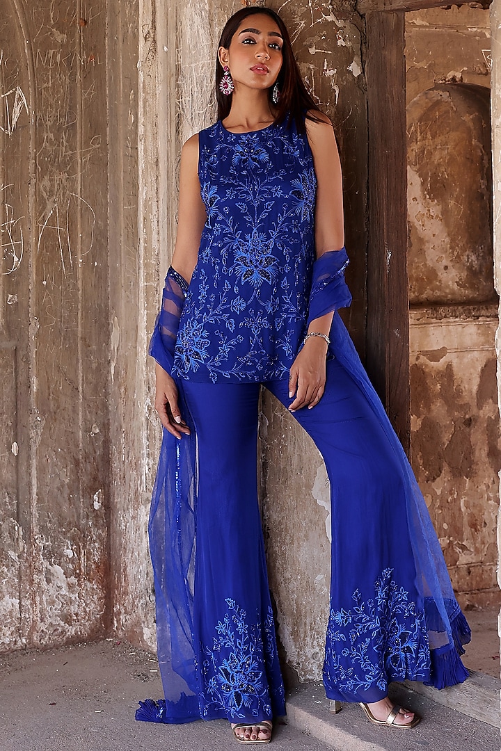 Electric Blue Georgette Sequins Embellished Kurta Set by Seema Thukral