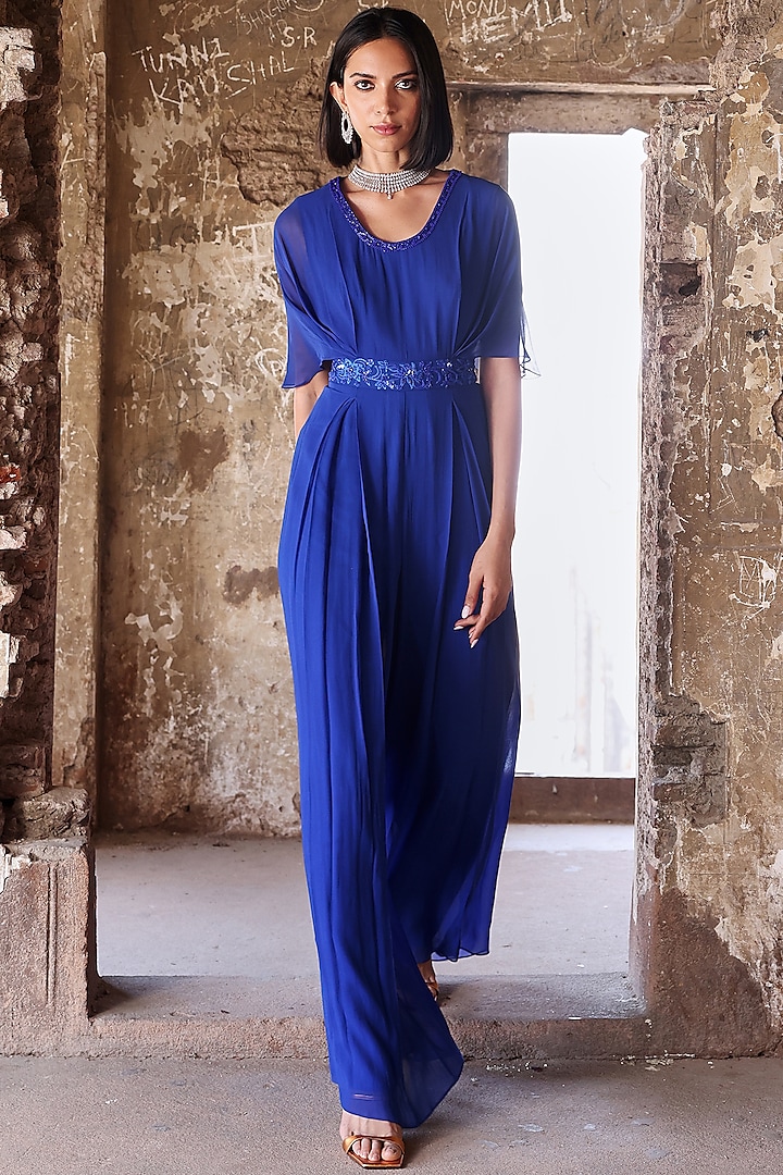 Electric Blue Georgette Sequins Embellished Pleated Draped Jumpsuit by Seema Thukral