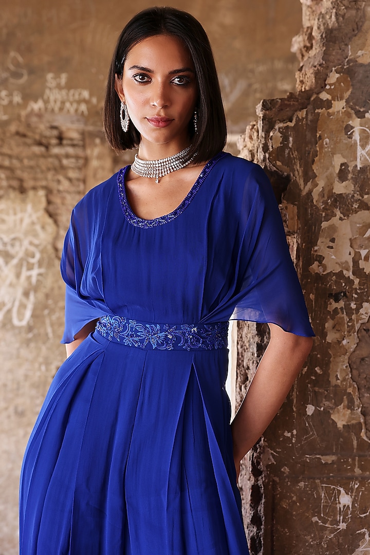 Electric Blue Georgette Sequins Embellished Pleated Draped Jumpsuit by Seema Thukral at Pernia's Pop Up Shop