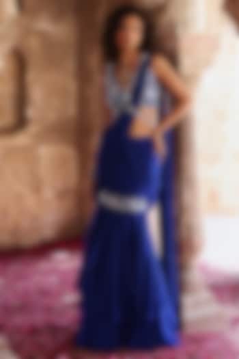 Electric Blue Organza Pearl Embellished Asymmetrical Pre-Stitched Saree Set by Seema Thukral