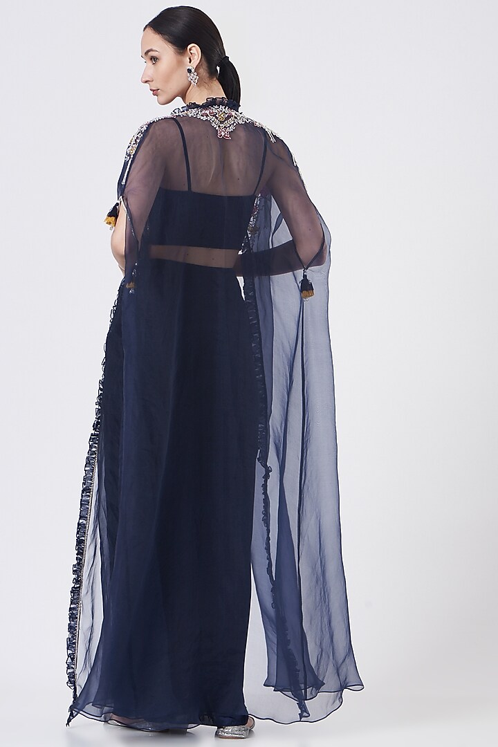 Navy Blue Embellished Cape Set by Seema Thukral at Pernia's Pop Up Shop
