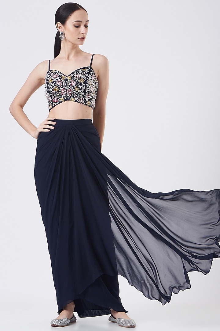 Navy Blue Embellished Cape Set by Seema Thukral at Pernia's Pop Up Shop