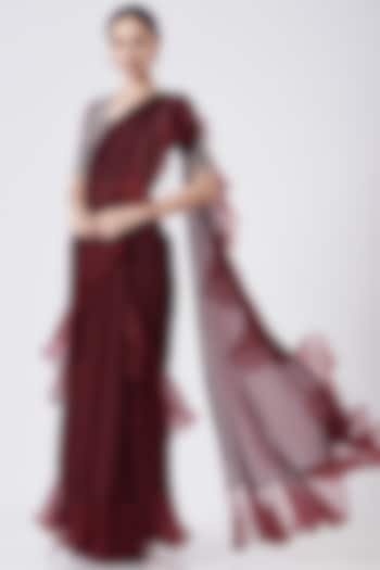 Maroon Ruffled Pre-Stitched Saree Set by Seema Thukral