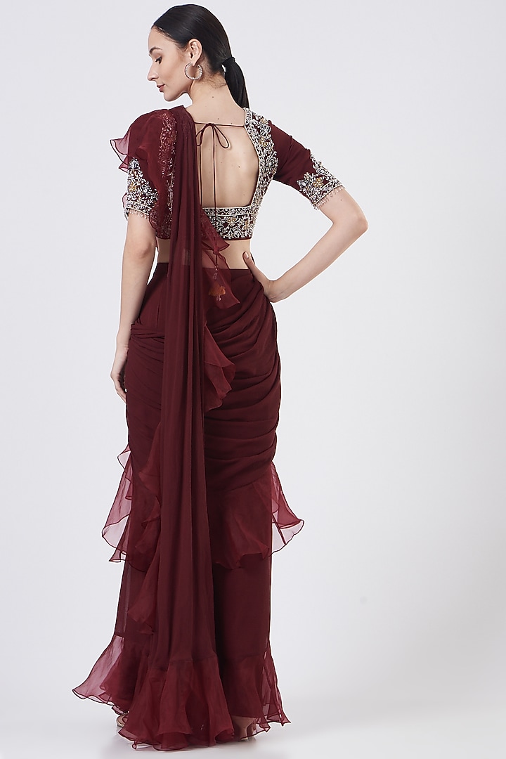Maroon Ruffled Pre-Stitched Wedding Saree Set by Seema Thukral at Pernia's Pop Up Shop