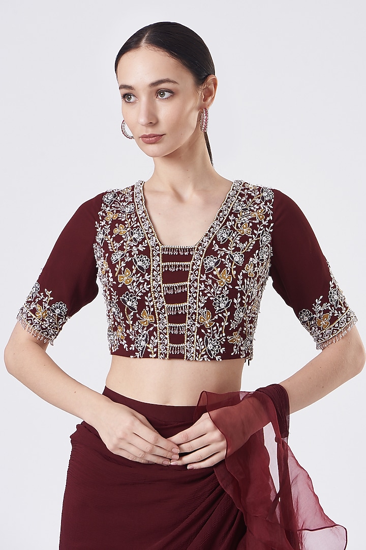 Maroon Ruffled Pre-Stitched Wedding Saree Set by Seema Thukral at Pernia's Pop Up Shop