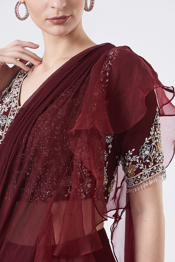Maroon Ruffled Pre-Stitched Wedding Saree Set by Seema Thukral at Pernia's Pop Up Shop