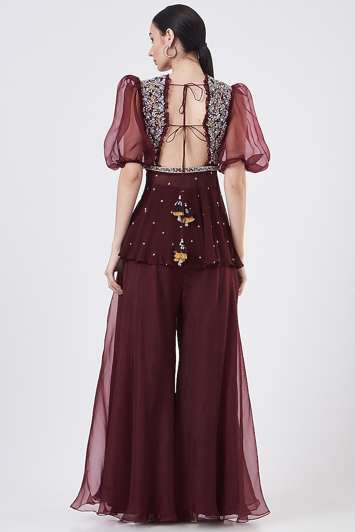Maroon Organza Pant Set by Seema Thukral at Pernia's Pop Up Shop