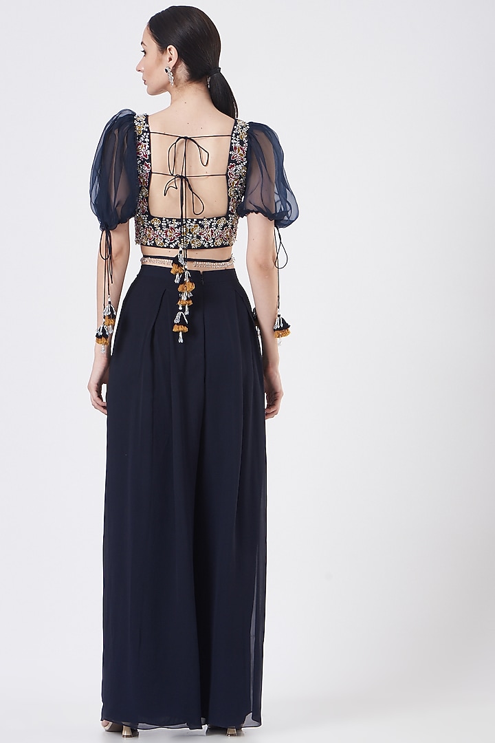 Navy Blue Georgette Pleated Pant Wedding Saree Set by Seema Thukral at Pernia's Pop Up Shop
