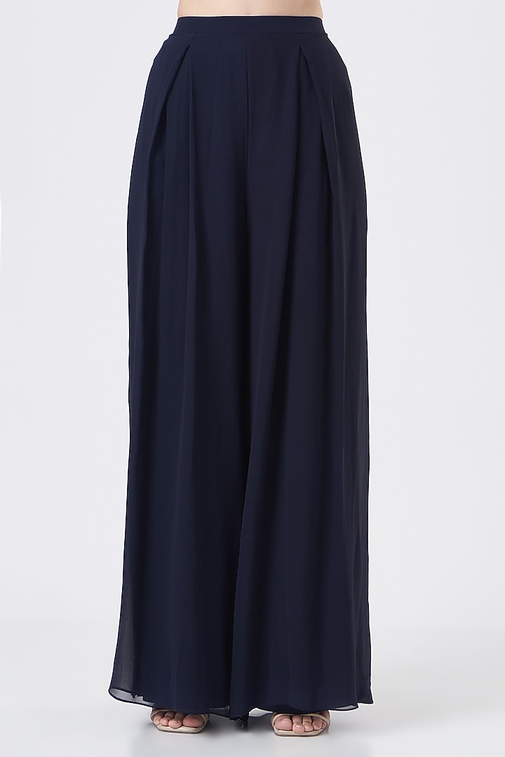 Navy Blue Georgette Pleated Pant Wedding Saree Set by Seema Thukral at Pernia's Pop Up Shop