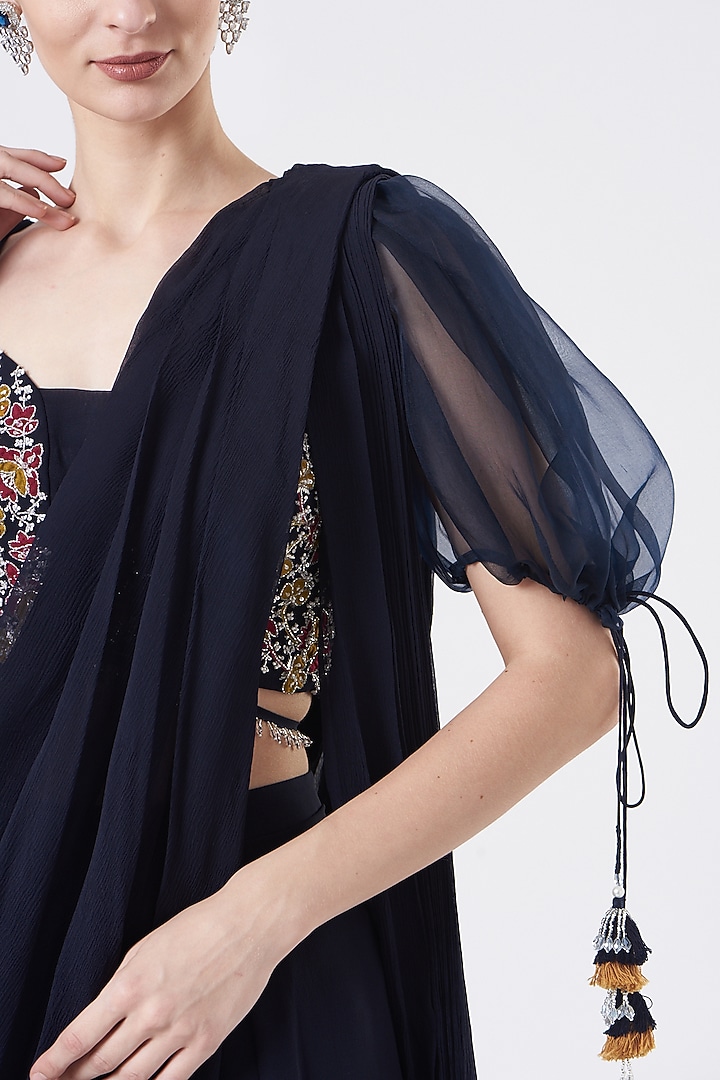 Navy Blue Georgette Pleated Pant Wedding Saree Set by Seema Thukral at Pernia's Pop Up Shop