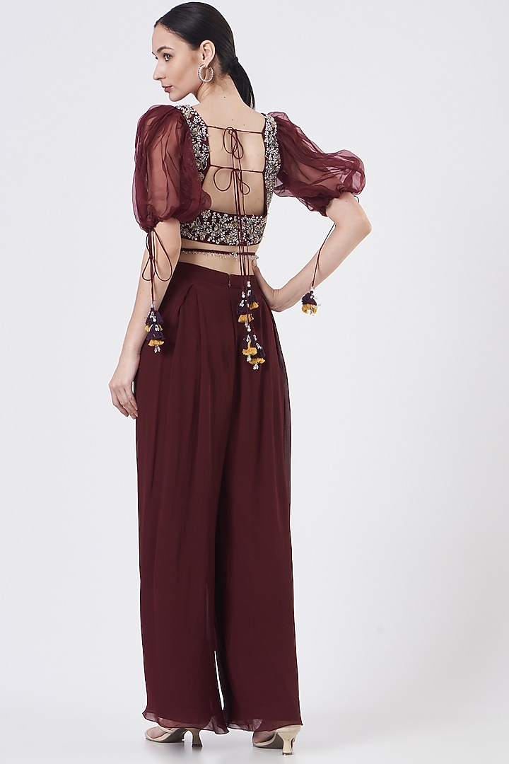 Maroon Georgette Pleated Pant Wedding Saree Set by Seema Thukral at Pernia's Pop Up Shop