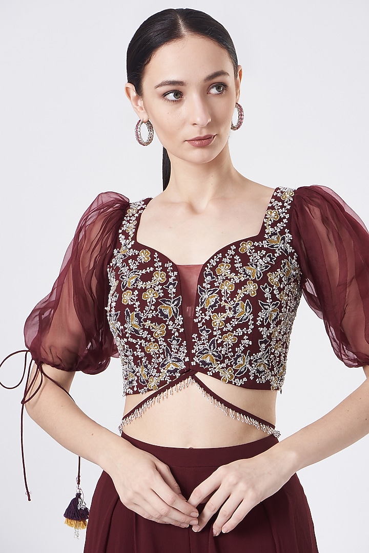 Maroon Georgette Pleated Pant Wedding Saree Set by Seema Thukral at Pernia's Pop Up Shop