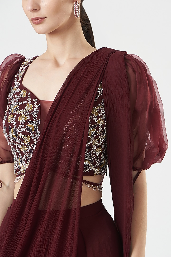 Maroon Georgette Pleated Pant Wedding Saree Set by Seema Thukral at Pernia's Pop Up Shop