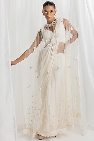 Ivory Georgette Pre-Stitched Jacket Saree Set by Seema Thukral