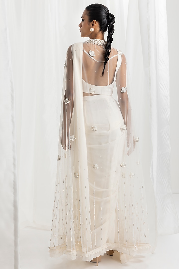 Ivory Georgette Pre-Stitched Jacket Wedding Saree Set by Seema Thukral at Pernia's Pop Up Shop