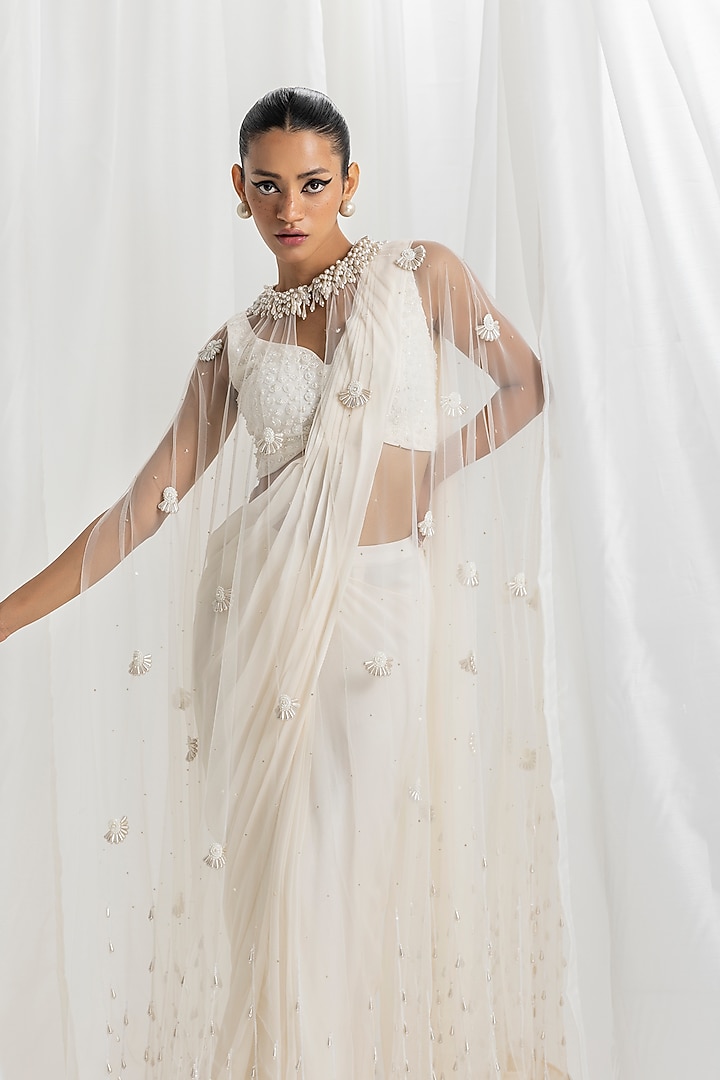 Ivory Georgette Pre-Stitched Jacket Wedding Saree Set by Seema Thukral at Pernia's Pop Up Shop