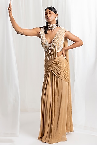 Dune Gold Chiffon Embellished Pre-Stitched Saree Set by Seema Thukral