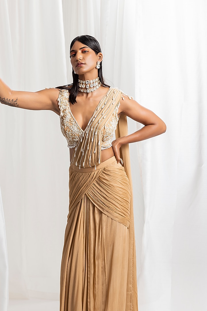 Dune Gold Chiffon Embellished Pre-Stitched Wedding Saree Set by Seema Thukral at Pernia's Pop Up Shop
