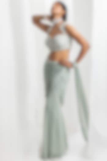 Sage Green Georgette Embellished Pre-Draped Wedding Saree Set by Seema Thukral at Pernia's Pop Up Shop
