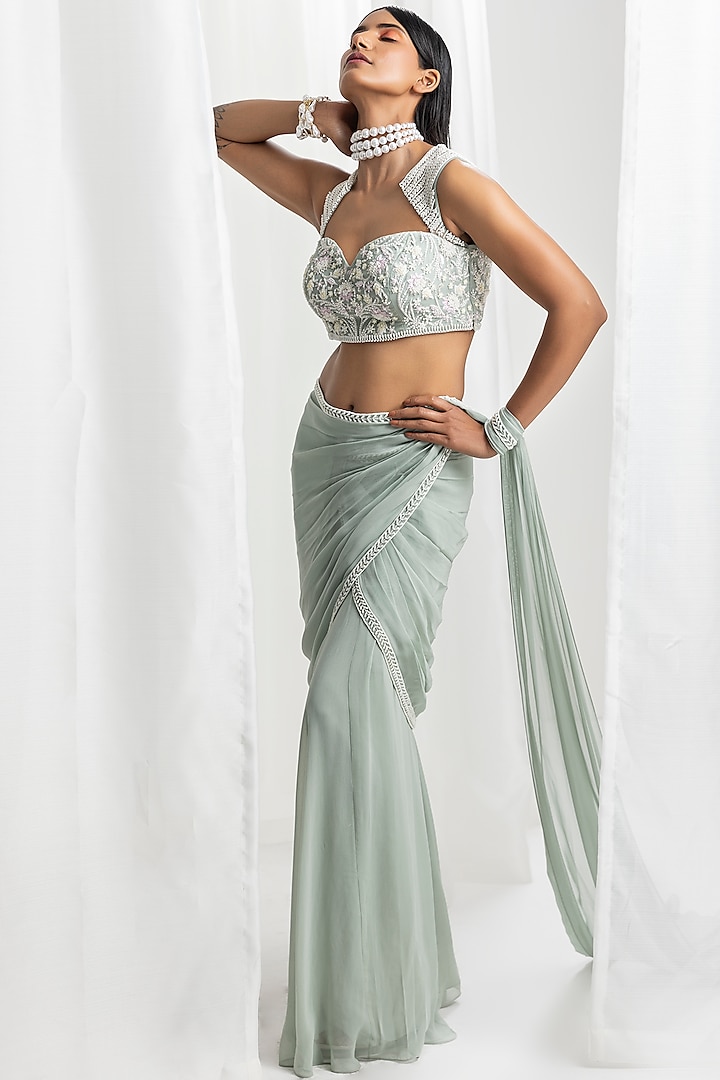 Sage Green Georgette Embellished Pre-Draped Wedding Saree Set by Seema Thukral at Pernia's Pop Up Shop
