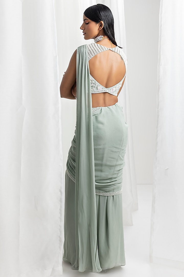 Sage Green Georgette Embellished Pre-Draped Wedding Saree Set by Seema Thukral at Pernia's Pop Up Shop