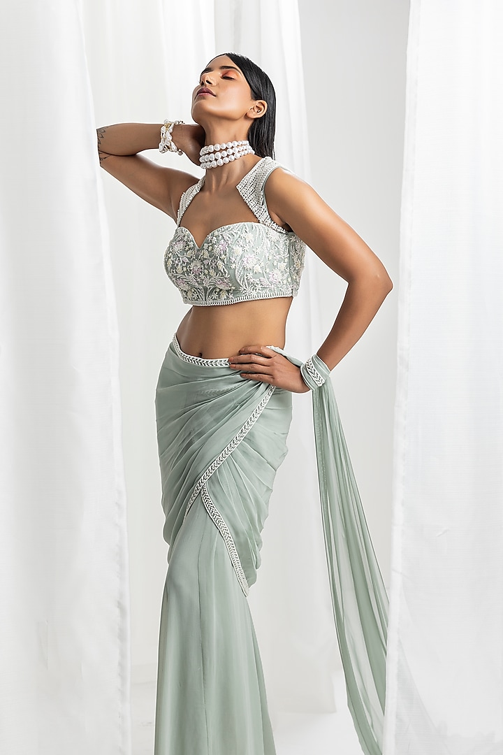 Sage Green Georgette Embellished Pre-Draped Wedding Saree Set by Seema Thukral at Pernia's Pop Up Shop