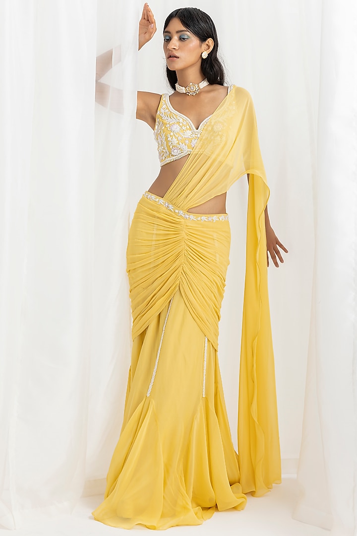 Yellow Organza & Georgette Embellished Pre-Stitched Flared Saree Set by Seema Thukral at Pernia's Pop Up Shop