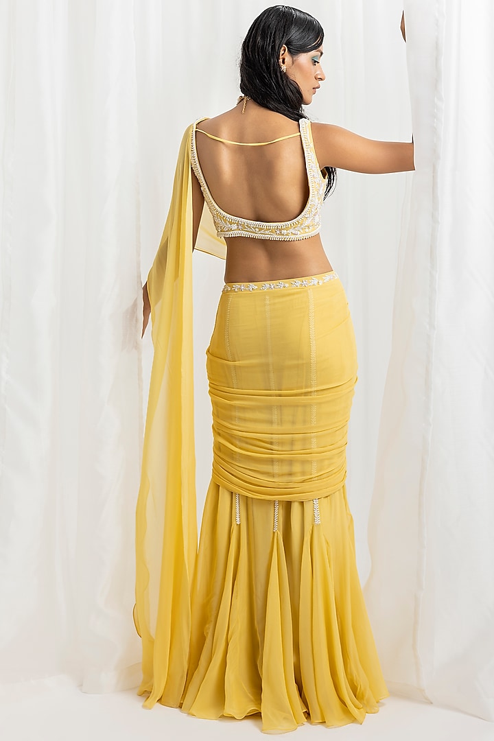 Yellow Organza & Georgette Embellished Pre-Stitched Flared Wedding Saree Set by Seema Thukral at Pernia's Pop Up Shop