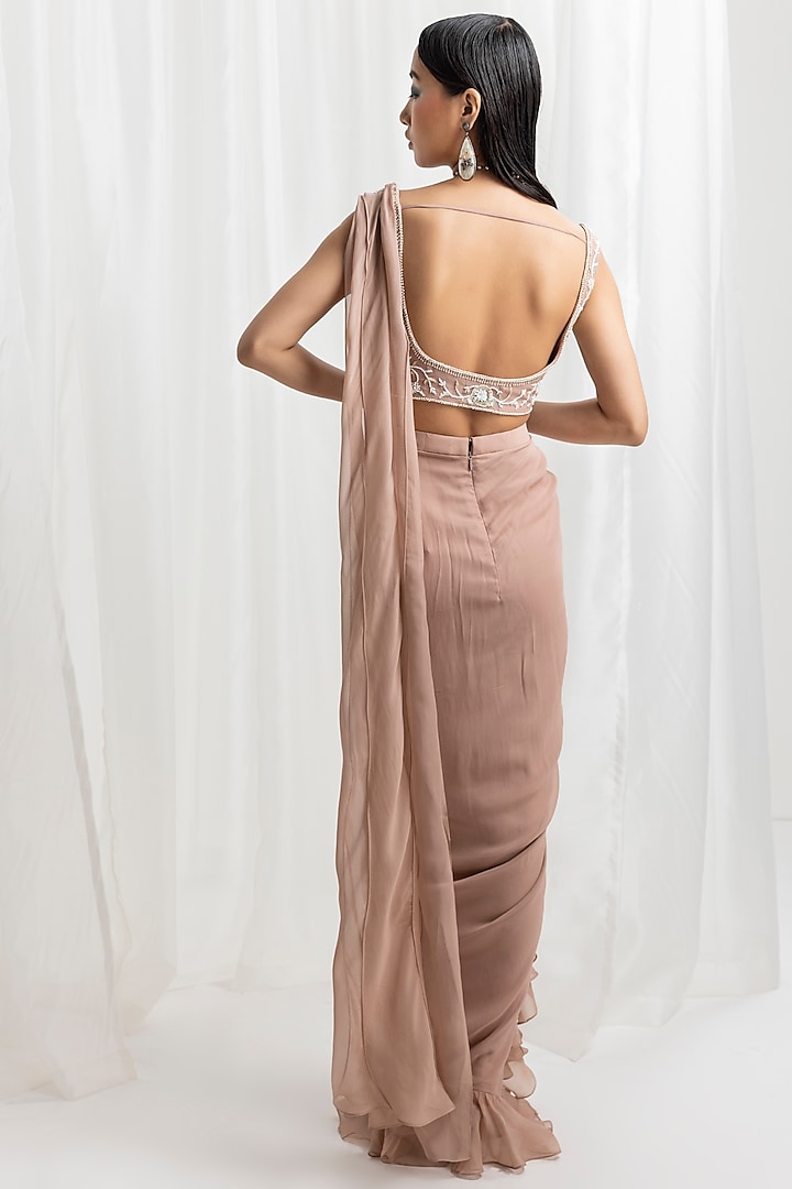 Dusty Pink Georgette & Organza Embellished Pre-Stitched Wedding Saree Set by Seema Thukral at Pernia's Pop Up Shop