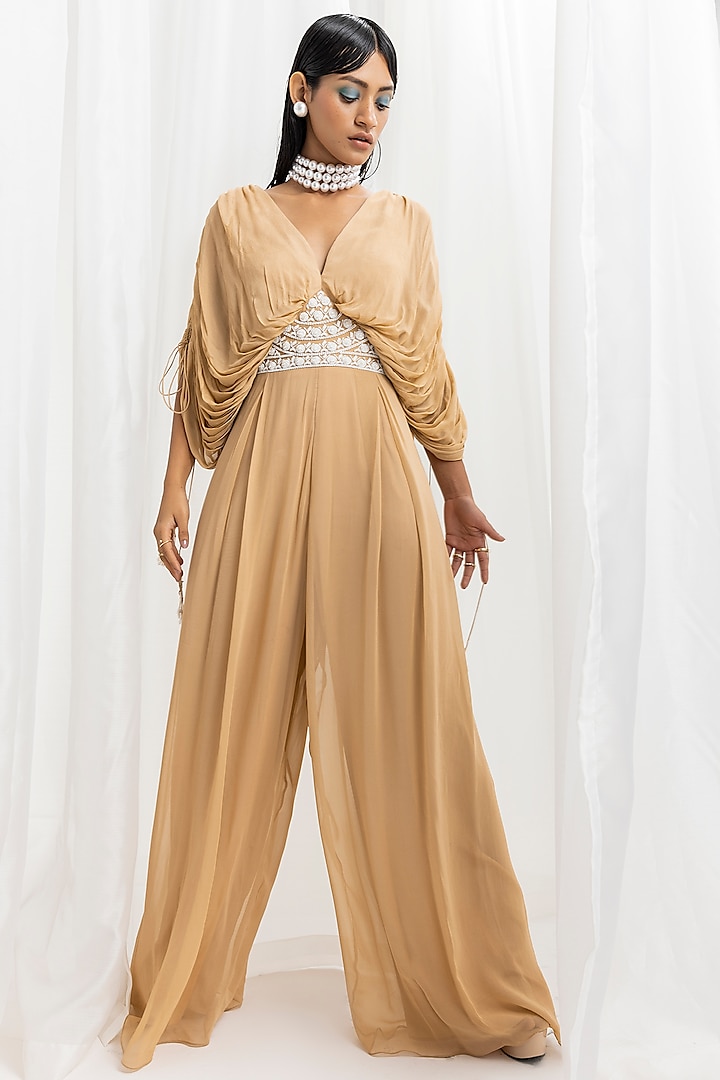 Dune Gold Chiffon & Georgette Embellished Draped Jumpsuit by Seema Thukral at Pernia's Pop Up Shop