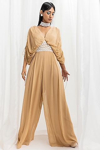 Dune Gold Chiffon & Georgette Embellished Draped Jumpsuit by Seema Thukral