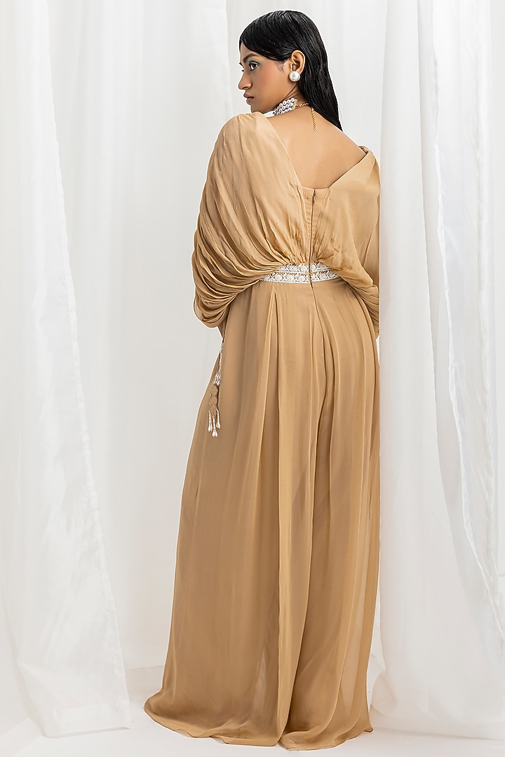 Dune Gold Chiffon & Georgette Embellished Draped Jumpsuit by Seema Thukral at Pernia's Pop Up Shop