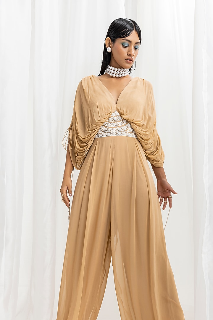Dune Gold Chiffon & Georgette Embellished Draped Jumpsuit by Seema Thukral at Pernia's Pop Up Shop
