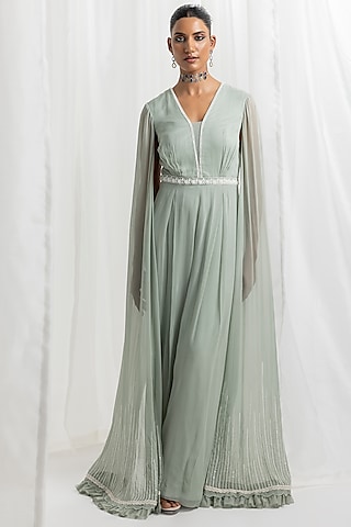 Sage Green Georgette Embellished Pleated Jumpsuit by Seema Thukral