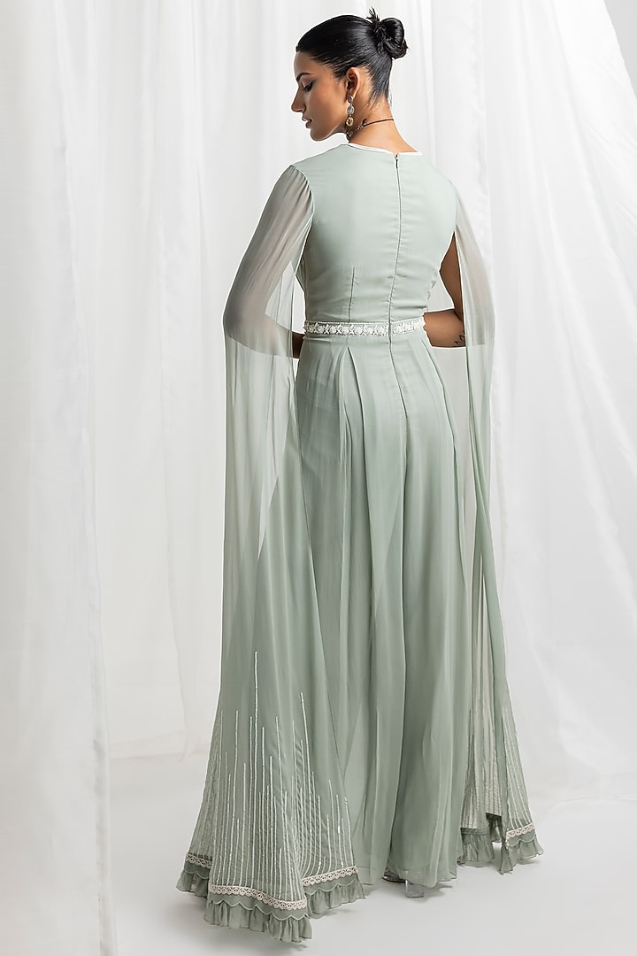 Sage Green Georgette Embellished Pleated Jumpsuit by Seema Thukral at Pernia's Pop Up Shop