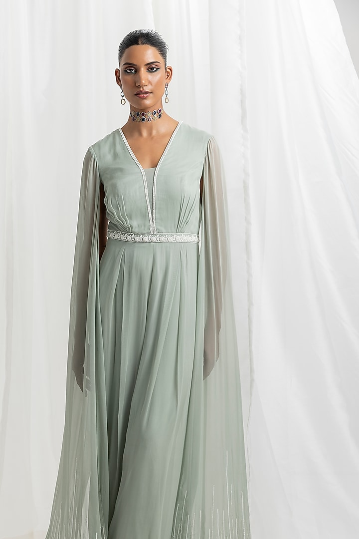 Sage Green Georgette Embellished Pleated Jumpsuit by Seema Thukral at Pernia's Pop Up Shop