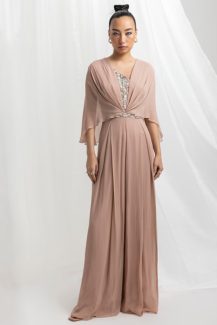 Dusty Pink Georgette Embellished Draped Jumpsuit by Seema Thukral at Pernia's Pop Up Shop