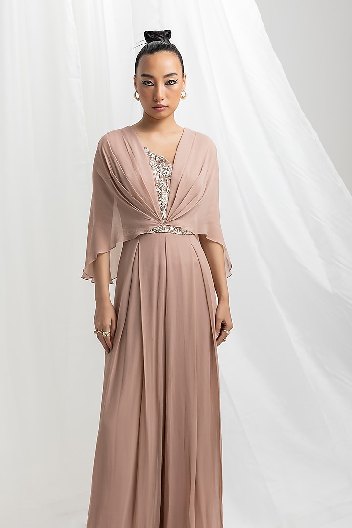 Dusty Pink Georgette Embellished Draped Jumpsuit by Seema Thukral at Pernia's Pop Up Shop
