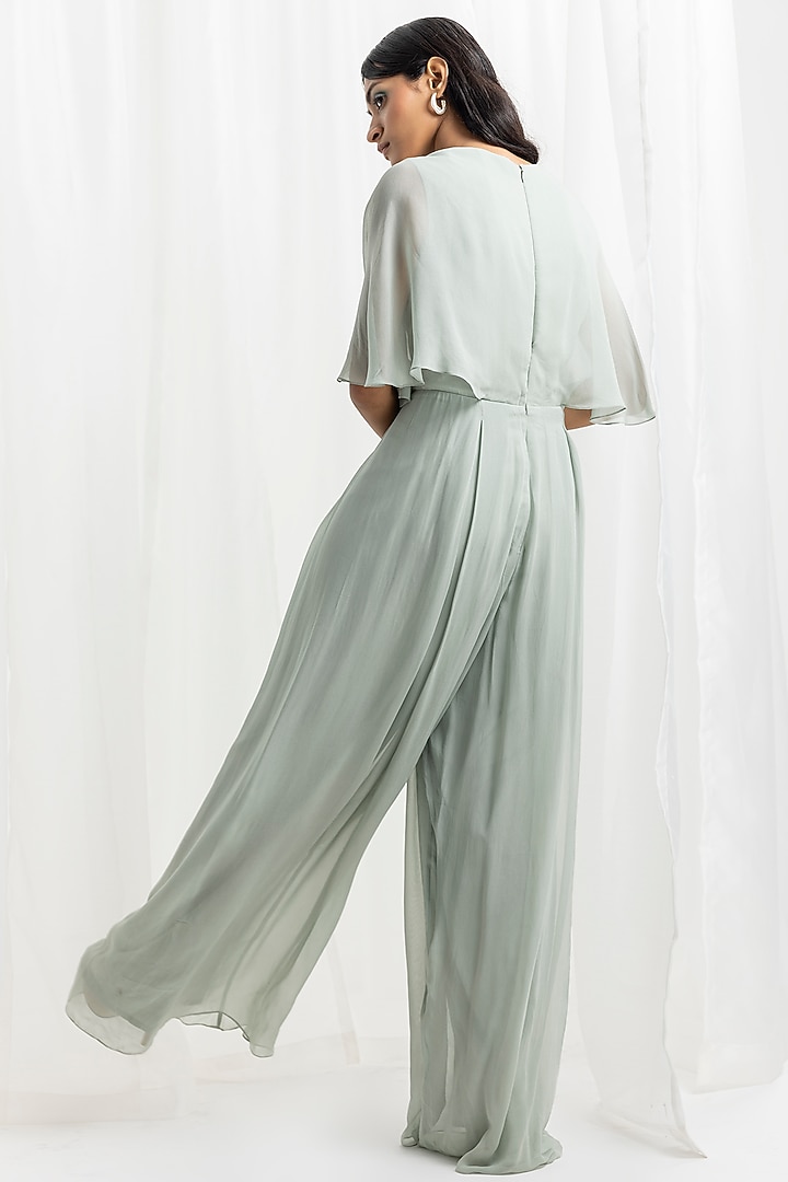 Sage Green Georgette Embellished Draped Jumpsuit by Seema Thukral at Pernia's Pop Up Shop