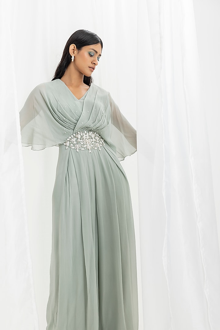Sage Green Georgette Embellished Draped Jumpsuit by Seema Thukral at Pernia's Pop Up Shop