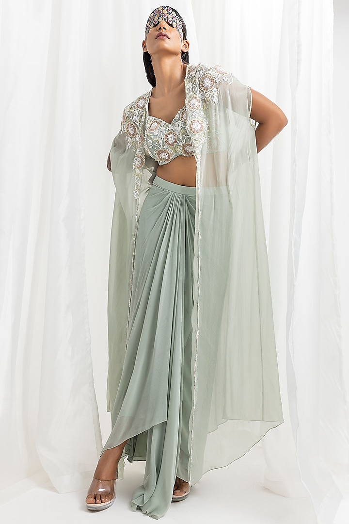 Sage Green Georgette Embellished Draped Skirt Set by Seema Thukral at Pernia's Pop Up Shop