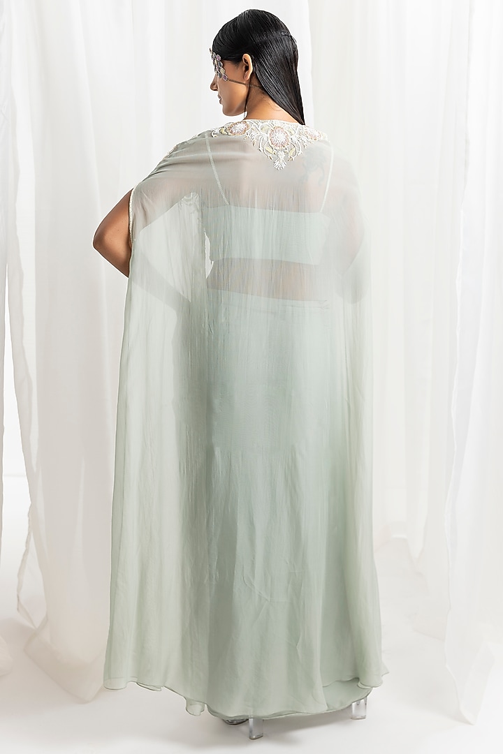 Sage Green Georgette Embellished Draped Skirt Set by Seema Thukral at Pernia's Pop Up Shop