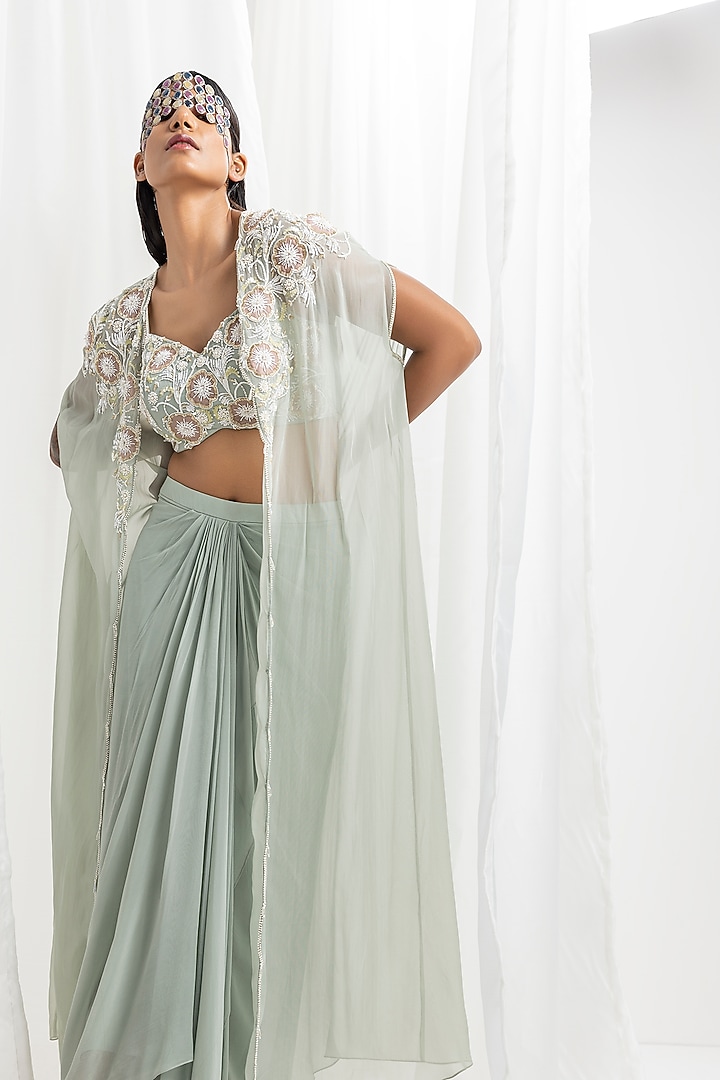 Sage Green Georgette Embellished Draped Skirt Set by Seema Thukral at Pernia's Pop Up Shop