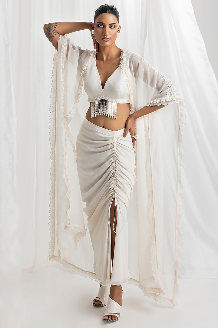 Ivory Georgette Cowl Skirt Set by Seema Thukral at Pernia's Pop Up Shop